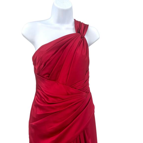 David's Bridal Red Satin One-Shoulder Ruched Formal Dress Womens Size 4 Pleated - Picture 3 of 10